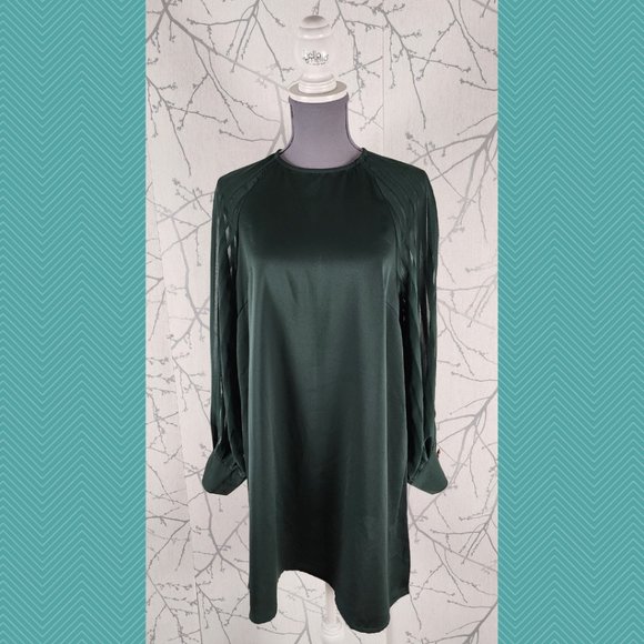 Womance Atelier Forest Green Sheer Striped Sleeve Dress - Picture 1 of 4